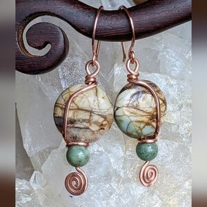 Earthy Jasper Gemstone Earrings Bohemian Copper Statement Jewelry